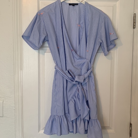 Blue and white striped Flamingo embroidered print wrap dress with ruffle bottom - Picture 12 of 12